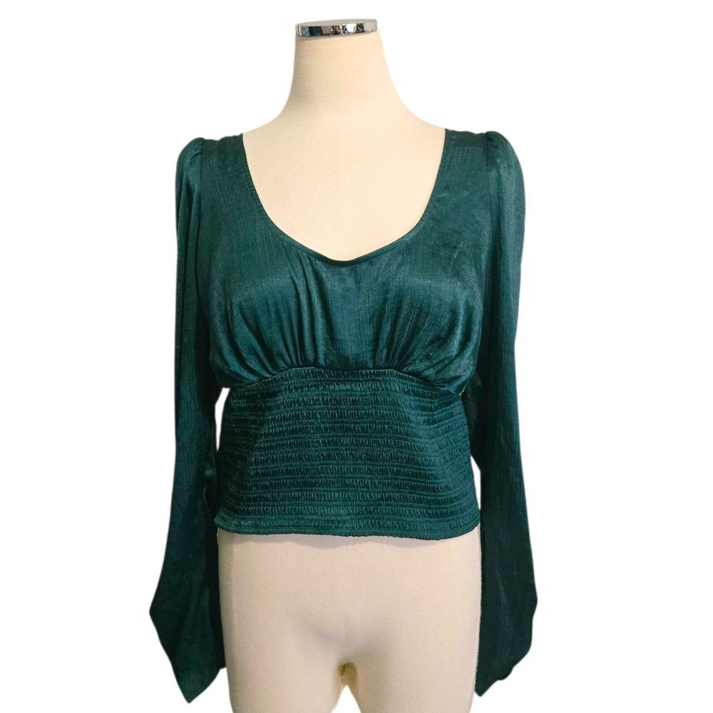 Free People Santiago Satin Blouse XL Evergreen Teal Smocked Puff Sleeve Boho